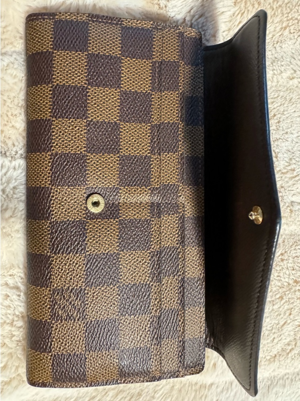 Louis Vuitton Brown Checkered Flap Wallet with Black Interior